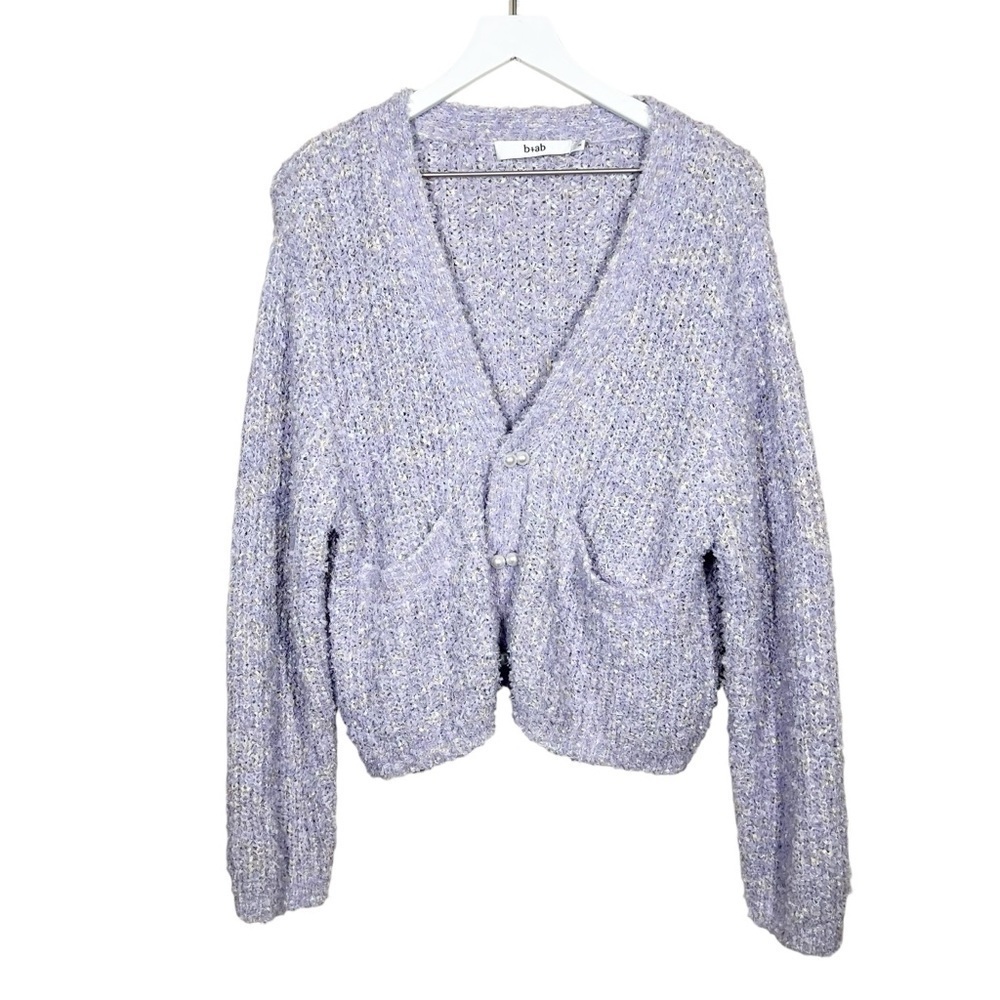 b+ab Womens Vneck Purple Boucle Knit Cardigan Sweater Faux Pearl Buttons Small